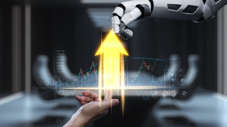 A captivating interaction between human and robot showcasing cooperation in financial growth. The...