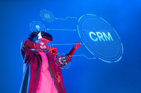 A person immerses in a virtual environment, showcasing the future of customer relationship management through advanced technology and innovative interfaces, enhancing engagement.の写真素材