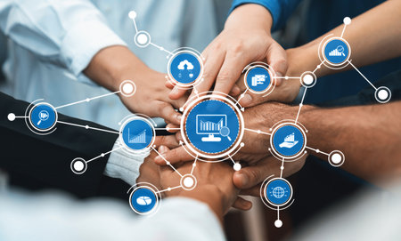 A powerful visual representation of teamwork and data analysis, featuring diverse hands united over...