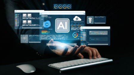 A captivating image showcasing the integration of artificial intelligence with technology, featuring a hand reaching out to multiple digital screens displaying data and analytics. Qubitの写真素材