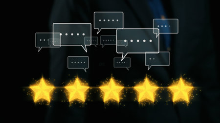 Visual representation of customer feedback featuring five golden stars and speech bubbles, illustrating interactions and ratings for online reviews against a dark backdrop.の写真素材