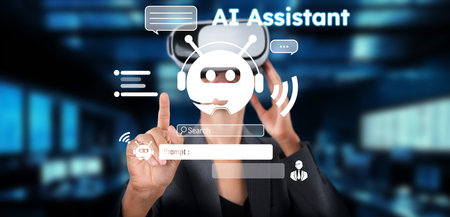 Explore a futuristic AI assistant interface showcasing virtual reality integration, emphasizing chatbot features and automation in a modern workspace environment.の写真素材