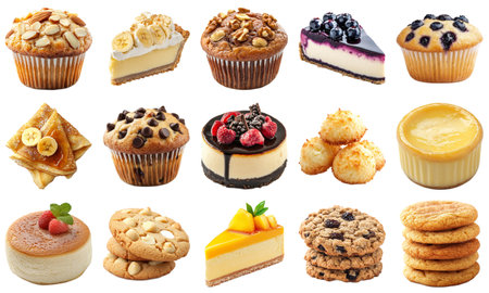 Assorted Delicious Bakery Treats Including Cakes, Pastries, Muffins, And Cookies Displayed On A White Background Perfect For Dessert Lovers.の写真素材