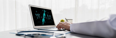 Medical science technology and futuristic healthcare virtual computer software analyze human health and diagnose disease for doctor data and medical research. briskの写真素材