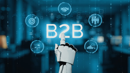 A futuristic robot hand interacts with a virtual B2B interface, showcasing digital solutions in a...