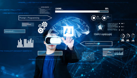 Smart businessman wearing suit and VR goggle while using AI assistance planning plan. Project manager generating data by using augmented reality glasses while pointing at glowing hologram. Ingenuity.のeditorial素材