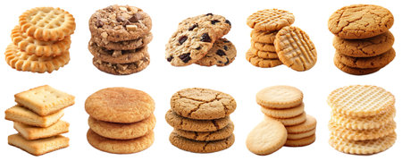 A Variety of Delicious Biscuits Displayed in Neatly Stacked Arrangements with Different Textures,...