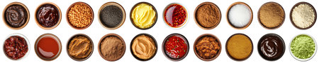 A Colorful Array of Various Sauces and Seasonings Displayed in Small Bowls on a White Background for Culinary Inspiration. Piquant food set.の写真素材