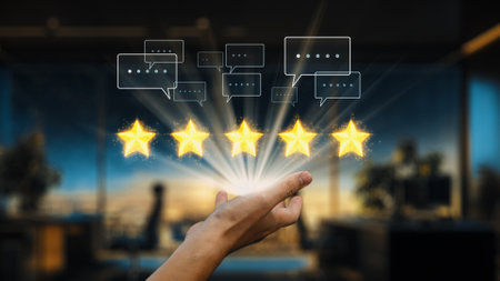 This image illustrates a hand reaching out with five glowing stars and speech bubbles, representing...