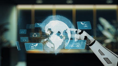 A robotic hand reaches out to a holographic globe, showcasing various eco-friendly icons in a sleek modern office. This image embodies innovation and sustainable technology.の写真素材