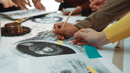 A dynamic workspace filled with hands actively sketching and collaborating on technical drawings, conveying creativity and teamwork in the design and engineering process.の写真素材