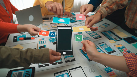 Teams work together on mobile app development, showcasing diverse hands reaching for icons above...