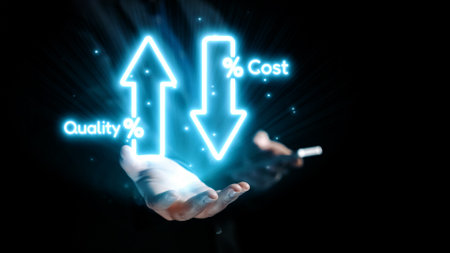 A pair of hands presenting glowing digital symbols of quality and cost represented by arrows, illustrating concepts of balance and performance in a modern business context.の写真素材