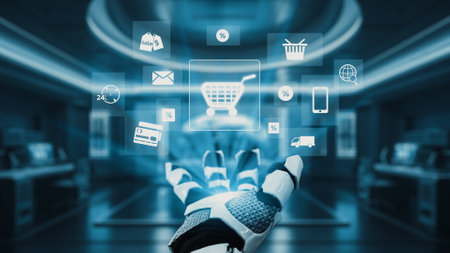 A futuristic robotic hand showcases interaction with e-commerce icons in a high-tech retail...