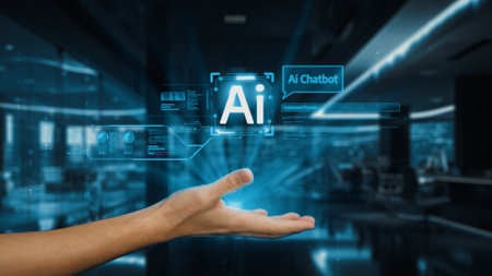 A futuristic representation of a hand holding an AI chatbot concept, featuring digital elements and a modern office environment that emphasizes innovation and technology.の写真素材