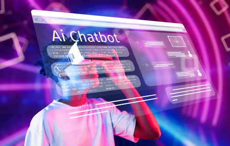 A stunning portrayal of a person wearing virtual reality goggles, immersed in a vibrant digital world featuring an AI chatbot interface, symbolizing innovation and technology.の写真素材