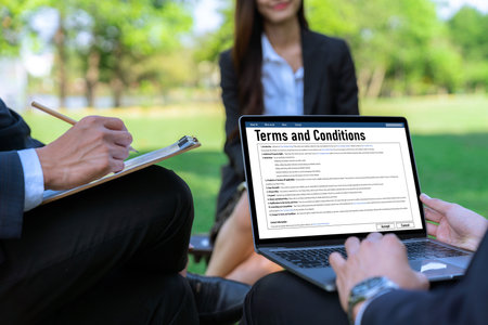 Digital legal contract provide terms and conditions document on computer screen ready for online...