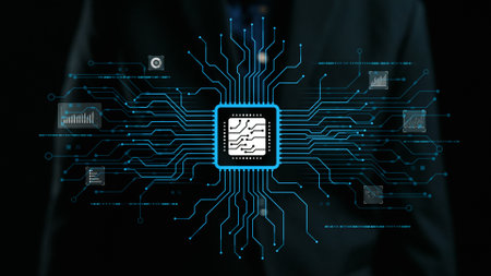 A digital microchip with intricate circuit connections displayed on a dark background, symbolizing...