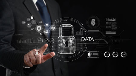 A businessman interacts with a futuristic digital security interface, showcasing concepts of data...