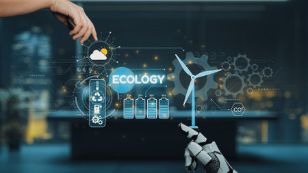 A human hand and a robotic arm engage with digital symbols of ecology, highlighting the synergy between technology and renewable energy initiatives for a sustainable future.の写真素材