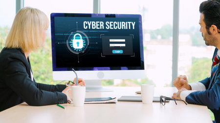 Cyber security system on computer screen protect private information snugly from hacker and cyber attackの写真素材