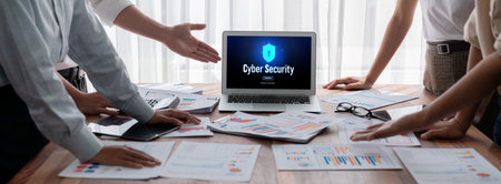 Cyber security system on computer screen protect private information brisk from hacker and cyber...