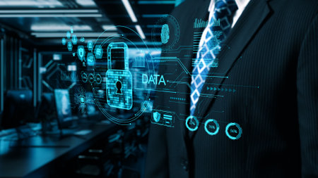 A businessman in a suit stands in a modern office, showcasing a digital interface emphasizing data...