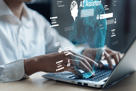 Human interact with AI artificial intelligence brain processor in concept of AI artificial intelligence engineering, big data and AI machine learning to use generative AI for business support. Faasの写真素材