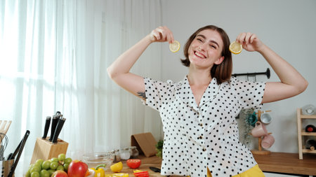Happy mother chopping at vegetable or making salad and pose at camera. House keeper prepare fresh ingredients while looking at camera. Smart mom cooking at modern kitchen with kitchenware.の写真素材