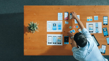 Top view of skilled developer walking and placing Ux Ui software. Smart business man put tablet on...