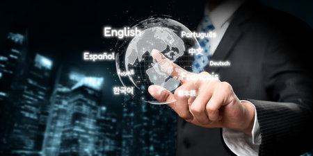 Global communication with multiple languages. Digital virtual reality globe with online languages...