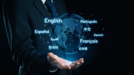 A business professional holds a glowing globe displaying various languages, symbolizing global...
