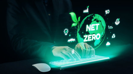 A professional setting showcasing hands typing on a keyboard with vibrant green graphics symbolizing...