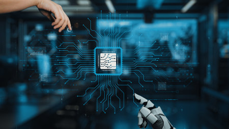 Hands Interaction with Robot Technology and Circuit Board Design in a Futuristic Digital Environment...