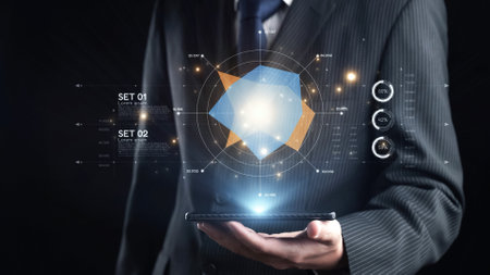 Businessman in a suit is interacting with a smartphone, featuring advanced data visualization and graph analysis, representing modern technology in a professional setting.の写真素材