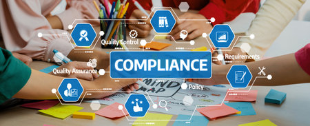 A vibrant workspace showcasing hands engaged in creating a compliance mind map with colorful post-it...