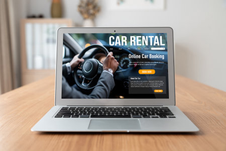 car rental website on computer screen for tourist to rent a car for transportation snuglyの写真素材