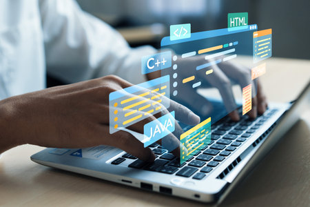 Software developer or programmer work with coding digital overlays of various programming languages...