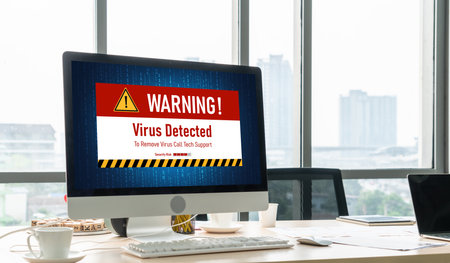 Virus warning alert on computer screen detected modish cyber threat , hacker, computer virus and malwareのeditorial素材