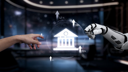 This image portrays a futuristic collaboration between a human hand and a robotic arm in a finance setting, showcasing data analytics with an iconic bank symbol.の写真素材