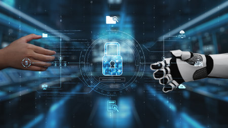This image showcases a close interaction between a human hand and a robotic hand, emphasizing...