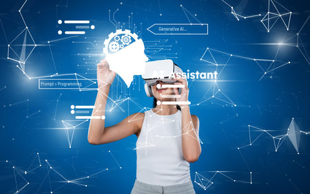 A woman using virtual reality technology explores the world of generative artificial intelligence, showcasing innovative applications in AI-driven assistant interfaces.の写真素材