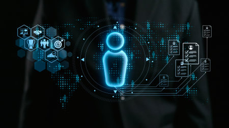 A striking holographic user interface featuring data analytics, global connectivity, and digital...