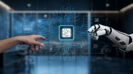The image features a human hand and a robotic hand reaching towards each other, surrounded by a...
