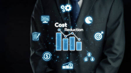 A businessman in a suit stands confidently, presenting a digital concept of cost reduction. Graphs...