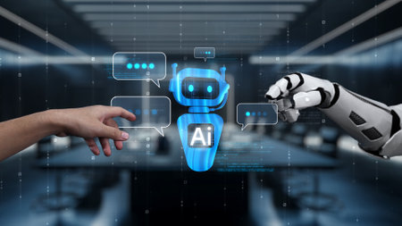 A striking representation of collaboration between human and robot, showcasing a human hand reaching...