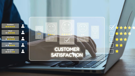 A person interacts with a laptop, focusing on a customer satisfaction rating system featuring smiley faces and star evaluations, representing user feedback and insights.の写真素材
