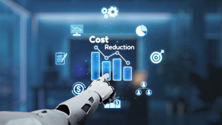 A robotic arm points at digital graphs and icons representing cost reduction in a modern business setting, highlighting the intersection of technology and finance.の写真素材