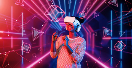 Girl looking around at geometric shape floating in metaverse. Happy teenager or gamer using VR headset and augmented reality technology accessing virtual world. Technology innovation.の写真素材