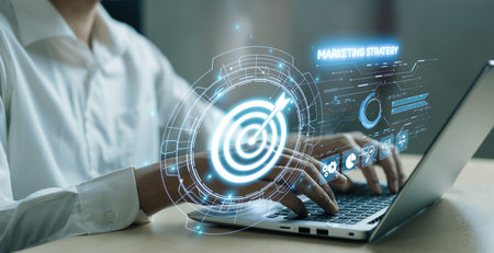 Business person analyzes data to identify customer target groups, refining marketing strategies....